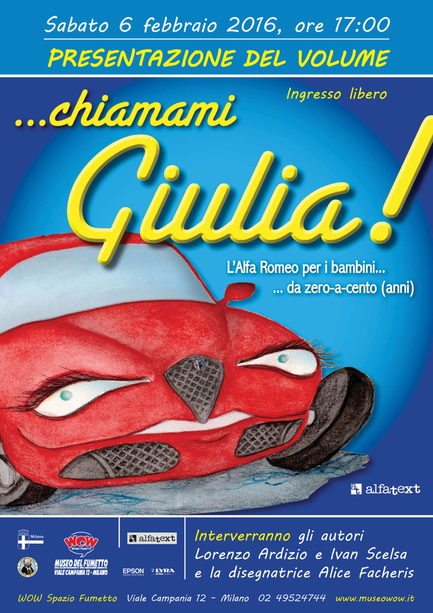 <p><strong>Lorenzo Ardizio, curatore del Museo Alfa Romeo di Arese, e Ivan Scelsa, presidente di Associazione CinemAlfa, entrambi autori di numerosi testi automobilistici tra cui&nbsp;</strong>&ndash;&nbsp;<strong>proprio a loro firma&nbsp;</strong>&ndash;&nbsp;<strong><em>Alfa Romeo Amarcord</em>, presentano il libro <em>&hellip;chiamami Giulia!</em> (Edizioni Alfatext). Illustrato da Alice Facheris per raccontare anche ai pi&ugrave; piccoli, con un linguaggio semplice e tanti disegni, il mito di un&rsquo;auto che ha fatto la storia dell&rsquo;automobilismo italiano e non solo: l&rsquo;Alfa Romeo.</strong> Dalle mitiche gazzelle della polizia all&rsquo;elegantissima Giulietta e tante altre storie affascinanti. Scorrendo le pagine del testo, la neonata Giulia (una vettura gi&agrave; entrata nei sogni degli appassionati del Marchio) sviscera la storia delle sue antenate con un linguaggio semplice e diretto. I disegni, realizzati dalla disegnatrice Alice Facheris, sono la piacevole nota di colore che far&agrave; rimanere affascinati i giovani lettori. La storia dell&rsquo;Alfa viene raccontata in prima persona da Giulia:&nbsp;&laquo;Ciao! Io mi chiamo Giulia. Questa &egrave; la mia storia e quella della mia famiglia: l&rsquo;Alfa Romeo. Tra le mie illustri antenate ci sono grandi campionesse dello sport, reginette dei concorsi di eleganza, automobili velocissime, affascinanti ed indimenticabili star del cinema. Vieni a scoprirmi in un libro vivace e colorato che racconta una storia affascinante con tanti disegni inediti e colorati, immagini e testi simpatici!&raquo;. I bambini, e soprattutto i pap&agrave;, potranno anche scoprire dal vivo il fascino di queste vetture straordinarie ammirando una bellissima Alfa Romeo Giulia esposta davanti al museo per l&rsquo;occasione.</p>