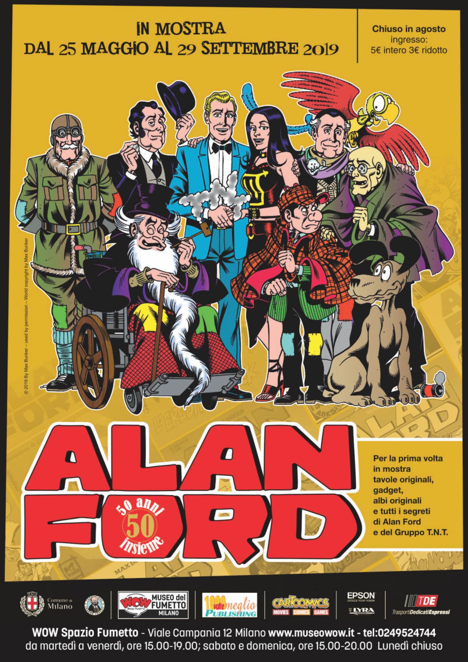 <p><strong>Nel maggio 1969 viene pubblicato il primo numero di Alan Ford, creato da Luciano Secchi (in arte Max Bunker) e Roberto Raviola (in arte Magnus). Alan Ford ha creato un nuovo modo di fare fumetto, mescolando ironia, umorismo, satira e un gusto surreale in una ricetta inedita che lo ha reso uno dei fumetti italiani pi&ugrave; amati dagli anni Settanta ad oggi. </strong> <strong>La mostra &ldquo;Alan Ford &ndash; 50 anni insieme&rdquo; racconta la straordinaria avventura editoriale che segna la nascita di Alan Ford: con grande spazio dedicato ai suoi protagonisti, il mitico gruppo TNT, ma anche ai nemici e ai comprimari attraverso una straordinaria raccolta di tavole originali e documenti mai esposti prima d&rsquo;ora tutti assieme in un contesto cos&igrave; celebrativo.</strong> <strong>L&rsquo;esposizione &egrave; realizzata in collaborazione con <a target="_blank" href="https://www.cartoomics.it/">Cartoomics</a> e <a target="_blank" href="http://www.1000voltemeglio.it/1000voltemeglio-publishing/">1000voltemeglio Publishing</a>.</strong> <strong>Anche se Alan Ford viene pubblicato nel maggio del 1969, la sua genesi &egrave; molto pi&ugrave; lunga</strong>: nell&rsquo;estate del 1968 Luciano Secchi sta lavorando alla sceneggiatura del primo numero di un nuovo lavoro, prendendo in prestito il nome da un omonimo fumetto di fantascienza dallo spagnolo di qualche anno prima. Il &ldquo;nuovo&rdquo; Alan Ford sar&agrave; per&ograve; del tutto diverso: l&rsquo;idea &egrave; di creare un fumetto comico, satirico, grottesco, riprendendo gli spunti umoristici che gi&agrave; facevano capolino in due serie di successo che Secchi (in arte <strong>Max Bunker</strong>) realizzava insieme a Roberto Raviola (che si firmava <strong>Magnus</strong>). A settembre la sceneggiatura &egrave; pronta e Magnus sta definendo l&rsquo;aspetto dei personaggi: manca solo quello del protagonista. Una sera al cinema i due vedono il film &ldquo;Ciao, Pussycat!&rdquo; e decidono di dare ad Alan il viso dell&rsquo;attore Peter O&rsquo;Toole: &egrave; il tassello che mancava. <strong>Il primo numero di Alan Ford esce a maggio del 1969, esattamente cinquant&rsquo;anni fa</strong>. All&rsquo;inizio le vendite non sono entusiasmanti, ma in seguito le vendite pian piano risalgono, fino all&rsquo;uscita del numero 26, intitolato &ldquo;Superciuk&rdquo;: con l&rsquo;esordio del cattivo pi&ugrave; famoso della serie Alan Ford si trasforma in un grande successo, diventando uno dei fumetti pi&ugrave; popolari degli anni Settanta. Pur attraverso tante vicissitudini editoriali e creative, le avventure di Alan Ford proseguono ancora oggi, toccando <strong>50 anni di pubblicazione ininterrotta e 600 numeri all&rsquo;attivo</strong>. Per festeggiare questa importante ricorrenza e dopo la preview all&rsquo;ultima edizione di Cartoomics, WOW Spazio Fumetto organizza la mostra &ldquo;<strong>Alan Ford. 50 anni insieme</strong>&rdquo;: un percorso inedito e divertente alla scoperta di Alan Ford, dello scombinato Gruppo T.N.T., degli amici, dei nemici e di tutti i segreti di questa spassosa serie a fumetti. La prima area della mostra &egrave;&nbsp;dedicata ai <strong>creatori di Alan Ford</strong>, Max Bunker e Magnus, e alle loro creazioni precedenti e successive ad Alan Ford, raccontate attraverso albi originali e preziose tavole originali. Sar&agrave; poi presente un focus dedicato alla casa editrice che ha iniziato a pubblicare la serie: l&rsquo;<strong>Editoriale Corno</strong>, che ha pubblicato gli altri grandi successi di Magnus &amp; Bunker e che ha portato per prima in Italia i supereroi Marvel. L&rsquo;area centrale della mostra &egrave; invece dedicata ai <strong>50 anni di avventure di Alan Ford e del gruppo TNT</strong>: i personaggi del cast sono passati in rassegna grazie a grandi pannelli-carta d&rsquo;identit&agrave; a colori e ad approfondimenti, che passano in rassegna tutte le gag pi&ugrave; spassose della serie. Non manca poi una panoramica dei grandi nemici del Gruppo, pittoreschi come e pi&ugrave; dello stesso gruppo TNT. Il pi&ugrave; famoso &egrave; senza dubbio Superciuk, uno spazzino che acquisisce una fiatata letale dopo aver bevuto del vino adulterato, ma ci sono anche la spia Margot, Gommaflex, il bandito con la faccia di gomma ideato per la trasmissione tv Supergulp, e tanti altri. All&rsquo;interno della mostra sar&agrave; presente anche uno spazio dedicato ad <strong>Alan Ford all&rsquo;estero</strong>: tradotto anche in Francia, Danimarca e Brasile, Alan Ford &egrave; famosissimo nei paesi dell&rsquo;ex Jugoslavia, tanto da essere presente in diversi film del celebre regista Emir Kusturica. Ad accompagnare il percorso tutto quello che &egrave; Alan Ford e il Gruppo TNT fuori dagli albi a fumetti: poster, diari, quaderni, maschere di carnevale, dischi e tutti i gadget realizzati per l&rsquo;Alan Ford Club, ma anche le apparizioni sulle pagine dei quotidiani e quelle televisive all&rsquo;interno del mitico programma SuperGulp! In mostra anche un approfondimento dedicato agli altri artisti che hanno proseguito la serie sempre su testi di Max Bunker, in particolare <strong>Paolo Piffarerio</strong>, che ha raccolto il testimone di Magnus dal n. 76 della serie e <strong>Dario Perucca</strong>, che dopo aver esordito nel 1986 &egrave; tutt&rsquo;oggi il principale disegnatore della serie. Ci sar&agrave; anche la possibilit&agrave; di una <strong>foto-ricordo</strong> accanto ad Alan Ford, Bob Rock e al Numero Uno, proprio davanti all&rsquo;ingresso dello scalcinato negozio di fiori che cela la sede del pi&ugrave; improbabile gruppo di agenti segreti del mondo. L&rsquo;ultima parte della mostra &egrave; una &ldquo;<strong>Galleria d&rsquo;arte</strong>&rdquo; dedicata al mondo di Alan Ford, con una ricca selezione di tavole e illustrazioni originali create dagli artisti che hanno lavorato sulla serie: Magnus, Paolo Piffarerio e Dario Perucca, che dopo aver esordito nel 1986 &egrave; tutt&rsquo;oggi il principale disegnatore della serie. Tra le tante tavole presenti, una tratta dal mitico numero 1 della serie, una matita di Magnus tratta dal numero 65 &ldquo;Un tiro mancino&rdquo; completata poi a china da Luigi Corteggi e due tavole dal numero 200, che segna il ritorno di Magnus ad Alan Ford per una storia speciale in cui il capo del gruppo T.N.T,, il Numero Uno, riappare dopo essere stato dato per morto.</p><p><strong>Inaugurazione&nbsp;sabato 25 maggio alle ore 16:00, alla presenza di Luciano Secchi (Max Bunker), Dario Perucca (attuale disegnatore di Alan Ford), Moreno Burattini (autore del volume &ldquo;Max Bunker. Una vita da Numero Uno&rdquo;), Luigi F. Bona e Filippo Mazzarella (direttore artistico di Cartoomics). </strong></p>