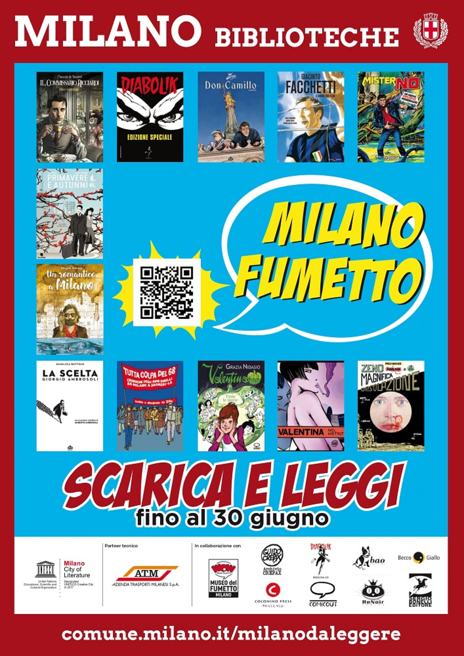 <p><strong>Il <a target="_blank" href="https://www.comune.milano.it/wps/portal/ist/it">Comune di Milano</a> - in collaborazione con <a target="_blank" href="https://www.atm.it/it/">ATM</a> - lancia l&rsquo;edizione 2019 di <a target="_blank" href="https://milano.biblioteche.it/milanodaleggere">Milano da Leggere</a>, l&rsquo;iniziativa delle Biblioteche di Milano per disseminare occasioni di lettura in modo semplice e gratuito.</strong> <strong>Da venerd&igrave; 19 aprile compariranno</strong> infatti in giro per la citt&agrave; - nei mezzanini e nelle carrozze della metropolitana - <strong>i manifesti che invitano a scaricare tramite QR Code i libri presenti nello scaffale virtuale</strong>. La novit&agrave; di questa edizione &egrave; il linguaggio: <strong>per rappresentare Milano si sono scelte le immagini e le parole di fumetti e graphic novel</strong>, omaggiando un genere sempre pi&ugrave; diffuso per raccontare mondi, reali e immaginari. <strong>Milano pu&ograve; essere considerata la &ldquo;citt&agrave; del fumetto&rdquo;</strong> per le numerose case editrici specializzate che vi hanno sede, per la presenza di un museo espressamente dedicato e per la storica scuola del Castello Sforzesco. Ma, per tradizione, Milano da Leggere &egrave; in rapporto con la citt&agrave; soprattutto per le storie che propone e questa edizione non fa eccezione. <strong>Grandi personaggi dei fumetti sono creazioni di indimenticabili artisti milanesi</strong>: Guido Crepax con la sua Valentina, protagonista di surreali incontri nel metr&ograve;, un omaggio dell&rsquo;autore ai grandi maestri del fumetto; le sorelle Angela e Luciana Giussani, creatrici di Diabolik, presentato in edizione speciale con una recente storia inedita a firma di Mario Gomboli e un&rsquo;avventura ambientata proprio a Milano; Grazia Nidasio, autrice della saga di Valentina Mela Verde, adolescente milanese degli anni &#39;70; Guido Nolitta, alias Sergio Bonelli, ideatore di Mister No, di cui si ripropone il primissimo numero del 1975. E <strong>sono di Milano</strong> Giancarlo Ascari, alias Elfo, che ci fa assaporare l&#39;atmosfera che si respirava a Milano nel &lsquo;68; Davide Barzi che firma insieme al giornalista Paolo Maggioni il biopic a fumetti su Giacinto Facchetti ed &egrave; inoltre sceneggiatore delle storie a fumetti di Don Camillo tratte dai racconti originali di Guareschi, composte per l&rsquo;occasione in un&rsquo;antologia di ambientazione milanese; Sergio Gerasi con una storia che dichiara anche il legame sentimentale del protagonista con artisti, poeti e scrittori della Milano del Novecento; Ciaj Rocchi &amp; Matteo Demonte che raccontano le origini dell&#39;immigrazione cinese a Milano negli anni &rsquo;30 e, novit&agrave; interessante, ne offrono la versione anche in lingua cinese. Non solo gli autori, <strong>anche molte delle storie sono a sfondo milanese</strong> e a quelle gi&agrave; citate si aggiungono i graphic novel di Paolo Bacilieri, con un episodio di Zeno Porno a cui Milano fa da scenario architettonico, e di Gianluca Buttolo, che racconta la vicenda dell&#39;avvocato Giorgio Ambrosoli. E se nulla di meneghino si pu&ograve; rintracciare nel Commissario Ricciardi, le cui vicende Maurizio de Giovanni ambienta a Napoli, sua citt&agrave; natale, la piena appartenenza alla raccolta &egrave; data dall&#39;editore Sergio Bonelli, che pubblica a Milano fin dal 1940. <strong>I libri sono scaricabili tramite&nbsp;QR Code o <a target="_blank" href="https://milano.biblioteche.it/milanodaleggere">sulla pagina ufficiale dell&#39;iniziativa</a> fino al 30 giugno.</strong> Le opere da scaricare sono in pdf, il formato digitale pi&ugrave; idoneo a rispettare il valore grafico delle opere. Alcune di queste, in accordo con gli autori, sono proposte in edizione parziale, per mantenere i file entro dimensioni contenute per il download. <strong>Milano da Leggere 2019 &egrave; realizzata in collaborazione con WOW Spazio Fumetto e gli editori</strong> <a target="_blank" href="https://www.diabolik.it/">Astorina</a>, <a target="_blank" href="https://baopublishing.it/">Bao Publishing</a>, <a target="_blank" href="http://www.beccogiallo.it/">Edizioni BeccoGiallo</a>, <a target="_blank" href="https://www.fandangoeditore.it/categoria-prodotto/marchi-editoriali/coconino-press/">Coconino Press-Fandango</a>, <a target="_blank" href="http://comicout.com/">ComicOut</a>, <a target="_blank" href="https://www.renoircomics.it/">ReNoir Comics</a> e <a target="_blank" href="https://www.sergiobonelli.it/">Sergio Bonelli Editore</a>, oltre&nbsp;agli autori e alle realt&agrave; <a target="_blank" href="https://www.caminito.agency/">Agenzia Caminito</a>, Archivio Crepax e agli eredi Grazia Nidasio.</p>