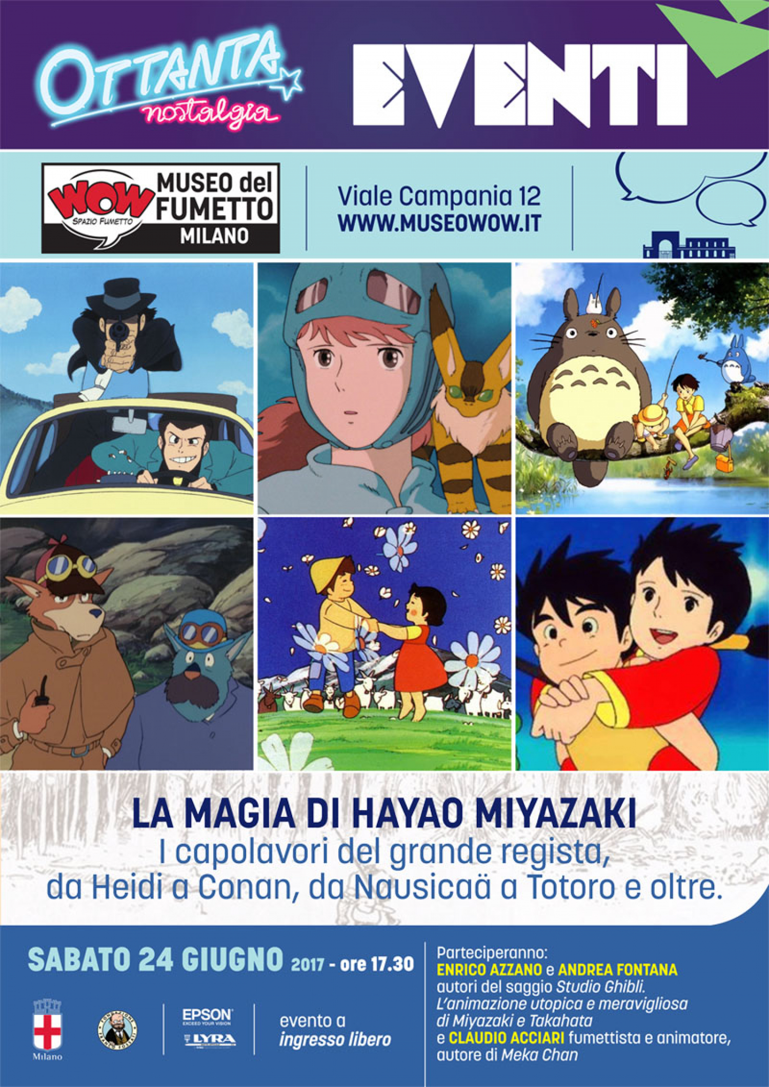 <p><em>Il mio vicino Totoro</em>, <em>La citt&agrave; incantata</em>, <em>La storia della principessa splendente</em> sono alcuni dei film targati <strong>Studio Ghibli</strong> che hanno definitivamente portato l&rsquo;animazione giapponese al successo internazionale. Sinonimo di eccellenza tecnica, lo Studio Ghibli &egrave; artefice di un&rsquo;<strong>idea di cinema incantata e meravigliosa</strong>, grazie alle sue narrazioni struggenti che uniscono arte e botteghino, scrittura e immagine, realizzate con cura maniacale e attenzione a colore, linea, dettagli. I suoi fondatori sono due &ldquo;giganti&rdquo; dell&#39;animazione, <strong>Hayao Miyazaki</strong> e <strong>Isao Takahata</strong>. I due registi e animatori iniziano a influenzare il mondo dell&#39;animazione ben prima di girare i loro successi. Partecipano infatti alla produzione di <em>Heidi</em>, <em>Anna dai capelli rossi</em> e <em>Lupin III</em> a fine anni Settanta, serie che avranno un enorme successo in Italia negli <strong>anni Ottanta</strong>, quando arrivano da noi insieme alla prima opera personale di Miyazaki, la serie <em>Conan il ragazzo del futuro</em>, in cui sono gi&agrave; presenti tutti gli aspetti principali della sua poetica, come l&#39;ecologia, l&#39;avversione per la tecnologia e il fascino per le civilt&agrave; perdute e misteriose. Nel 1982 il regista collabora poi con lo Studio Pagot per la serie<em> Il fiuto di Sherlock Holmes</em>, coprodotta dalla Rai, esperienza durante la quale nascer&agrave; l&#39;amicizia con <strong>Marco Pagot</strong>, che omagger&agrave; dando il suo nome al protagonista di <em>Porco Rosso</em>. Il 1984 &egrave; l&#39;anno di <em>Nausica&auml; della Valle del vento</em>, lungometraggio diretto da Miyazaki e prodotto da Takahata, primo tassello di quello che negli anni seguenti diventer&agrave; lo <strong>Studio Ghibli</strong>, luogo di nascita di capolavori come <em>Laputa &ndash; Castello nel cielo</em> (1986), <em>Il mio vicino Totoro</em> (1988), <em>Una tomba per le lucciole</em> (1988) e molti altri. <strong>Sabato 24 giugno alle ore 17.30</strong>&nbsp;in occasione della mostra <a target="_blank" href="http://www.museowow.it/wow/it/anni-ottanta-in-mostra/">Ottanta Nostalgia</a> gli esperti di cinema d&#39;animazione <strong>Enrico Azzano</strong> e <a target="_blank" href="http://www.fumettologica.it/author/andra-fontana/"><strong>Andrea Fontana</strong></a> racconteranno proprio questa storia, che noi in Italia abbiamo iniziato a scoprire negli anni Ottanta. I due sono gli autori del saggio <em>Studio Ghibli. L&#39;animazione utopica e meravigliosa di Miyazaki e Takahata</em> (Bietti), volume che raccoglie l&rsquo;<strong>intera storia dello Studio</strong>, dalle celebrate pellicole dei due fondatori agli esordi dei possibili eredi, con il contributo di alcuni dei pi&ugrave; importanti fumettisti, artisti e critici italiani. A dialogare con loro dell&#39;importanza dell&#39;opera di Miyazaki e Takahata per l&#39;immaginario dei trenta/quarantenni italiani ci sar&agrave; <a target="_blank" href="http://claudioacciari.blogspot.it/"><strong>Claudio Acciari</strong></a>, autore di <em>Meka Chan</em> (Bao Publishing), fumetto ispirato alle serie di robottoni giapponesi, e grande appassionato dei film dello Studio Ghibli.</p>