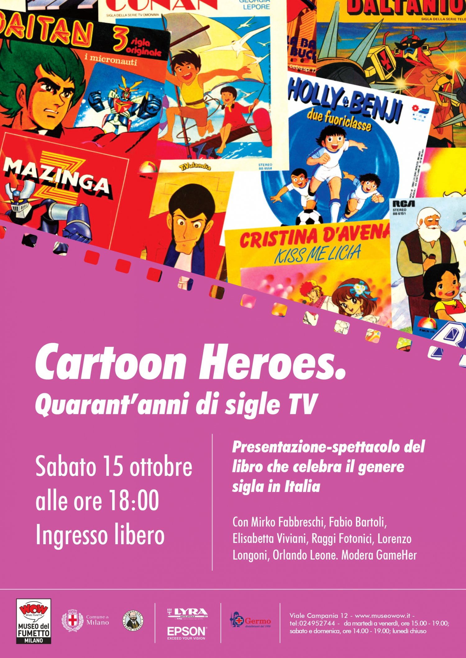 <p><strong>Sabato 15 ottobre alle ore 18:00 verr&agrave; presentata la nuova edizione di <a target="_blank" href="https://www.kappalab.it/libri/cartoon-heroes-quarantanni-di-sigle-tv/"><em>Cartoon Heroes &ndash; Quarant&rsquo;anni di sigle tv</em></a>, edito da Kappa Lab.</strong></p><p><strong>Un&rsquo;occasione per ripercorrere con una presentazione-spettacolo il rapporto tra canzoni, cinema e serie animate, in occasione del primo giorno della mostra <a target="_blank" href="http://www.museowow.it/mostre/Fumetto+Film+Fest/681">Fumetto Film Fest</a>.</strong></p><p><strong>&nbsp;</strong></p><p>A raccontare sia a parole che in musica quale sia il rapporto tra canzoni, cinema e serie animate, ci saranno l&rsquo;autore <strong>Mirko Fabbreschi</strong> (compositore, docente, autore televisivo), <strong>Laura Salamone</strong> (insieme a Fabbreschi membro dei Raggi Fotonici, storica band di autori/interpreti di sigle tv), il co-autore <strong>Fabio Bartoli</strong> (didatta, giornalista e saggista), <strong>Orlando Leone</strong> (coordinatore delle edizioni italiane di Yamato Video e responsabile del palinsesto di ANIME GENERATION), l&#39;esperto di pop-culture <strong>Lorenzo Longoni</strong> e l&#39;attrice e cantante <strong>Elisabetta Viviani</strong> (interprete della mitica sigla di Heidi). A moderare l&#39;incontro l&#39;imprenditrice digitale e divulgatrice <strong>GameHer</strong>.</p><p>Attraverso il libro, che celebra l&rsquo;avventura del genere sigla in Italia, si racconta <strong>un pezzo di storia della tv</strong> ma anche cos&rsquo;&egrave; una sigla, quali sono le sue caratteristiche e le sue modalit&agrave; di composizione, esecuzione e trasmissione, come questo genere unico &egrave; nato e si &egrave; evoluto in Italia, qual &egrave; il suo futuro e soprattutto chi sono i suoi eroi: gli autori e interpreti fondamentali della cartoon music.</p><p>&nbsp;</p><p><strong>Gli autori</strong></p><p><strong>Mirko Fabbreschi</strong> &egrave; compositore di colonne sonore per cinema (<em>Aquile Randagie</em>, <em>CUB</em>), teatro <em>(Zerocalcare - Kobane Calling on stage</em>, <em>Tuono Pettinato - Corpicino</em>) e tv (<em>MegaGulp</em>, <em>TG3 Leonardo</em>), autore televisivo (Rai2, Music Box), docente e ideatore del metodo didattico &laquo;Cartoon School&raquo;. &Egrave; autore, insieme ad Alda Teodorani, dell&rsquo;audio-libro <em>15 desideri</em> (Flaccovio Editore). Ha diretto la Cinecitt&agrave; Orchestra per l&rsquo;opera editoriale <em>Fratelli d&rsquo;Italia &ndash; L&rsquo;inno di Mameli spiegato ai ragazzi</em> (DeAgostini). Ha scritto il saggio <em>Carta Canta, quando i fumetti diventano canzoni</em> (Lavieri Editore). Nel mondo dell&#39;animazione &egrave; sia doppiatore (<em>Gumball</em>, <em>Apple e Onion</em>) che direttore di doppiaggio musicale (<em>Polly Pocket</em>, <em>Power Players</em>) ma &egrave; soprattutto leader e fondatore dei <strong>Raggi Fotonici</strong>, storici autori e interpreti di sigle tv come <em>Ape Maia</em>, <em>Hello Kitty</em>, <em>Digimon</em>, <em>Teenage Mutant Ninja Turtles</em>, <em>Hot Wheels</em>, <em>Fairy Tail</em>.</p><p>&nbsp;</p><p><strong>Fabio Bartoli</strong> ha pubblicato per Tunu&eacute; i libri <em>Vado, Tokyo e torno. Diario di viaggio nel cuore del Giappone (e anche un po&rsquo; pi&ugrave; in l&agrave;)</em>, <em>Mangascienza. Messaggi filosofici ecologici nell&rsquo;animazione fantascientifica giapponese per ragazzi</em>, <em>Anime e sport. Grandi atleti nella realt&agrave; e nell&rsquo;animazione giapponese</em> e, con Elettra Dafne Infante, <em>Vita da cartoni. Una microguida al cinema d&rsquo;animazione</em>.</p><p>&nbsp;</p>