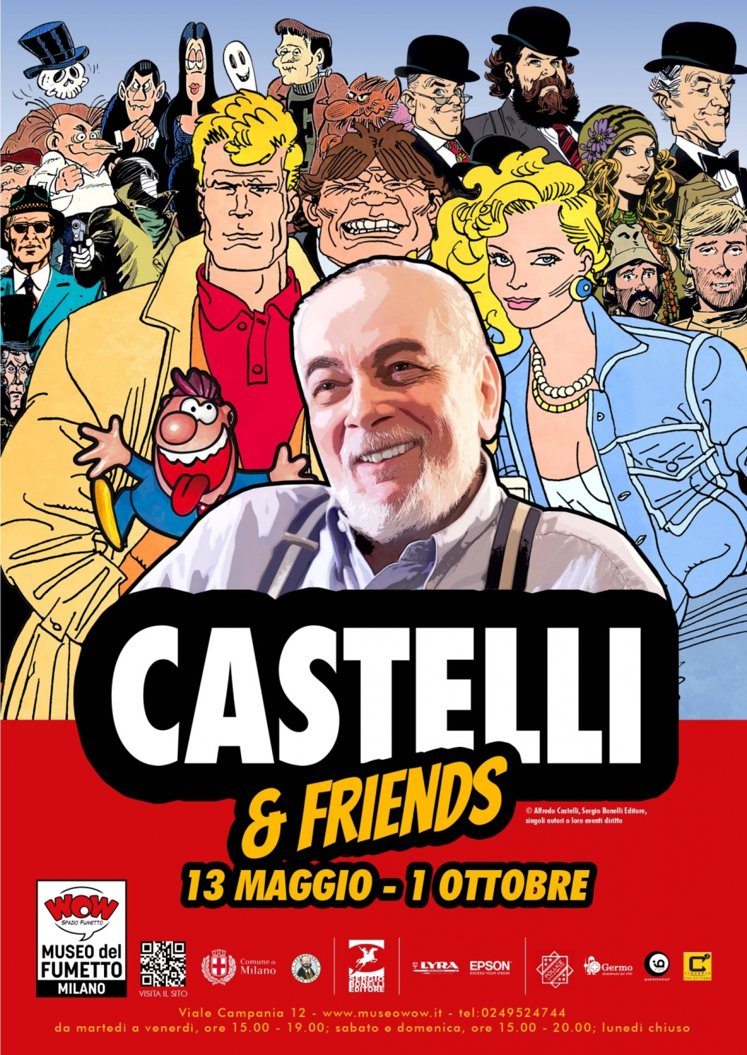 <p><strong>| Prorogata fino a domenica 1&deg; ottobre&nbsp;|</strong></p><p>&nbsp;</p><p>La mostra Castelli &amp; Friends, allestita a WOW Spazio Fumetto <strong>dal 13 maggio al 17 settembre 2023, racconta l&rsquo;evoluzione della vita professionale e la carriera di Alfredo Castelli, uno dei pi&ugrave; importanti sceneggiatori di fumetto a cui dobbiamo capolavori come Martin Myst&egrave;re e Gli Aristocratici</strong>, e quella dei vari &ldquo;Friends&rdquo; che l&rsquo;hanno accompagnato nel mondo del fumetto con occasionali incursioni in quello del cinema e della pubblicit&agrave;.</p><p>In mostra disegni originali, pubblicazioni, oggetti e filmati, che dagli anni Sessanta arriva ai giorni nostri, oltre a reperti dimenticati e, soprattutto, &ldquo;insoliti e curiosi&rdquo;: il tipo di cose, insomma, che piacciono a Martin Myst&egrave;re, personaggio principe della produzione castelliana da pi&ugrave; di quarant&rsquo;anni. Tra gli inediti progetti non accettati e altri rimasti nel cassetto, disegni e schizzi estemporanei di amici e collaboratori.</p><p>La mostra &egrave; curata da Alex Dante e Luca Bertuzzi e organizzata in collaborazione con Sergio Bonelli Editore.</p><p><strong>Inaugurazione sabato 13 maggio alle ore 17:00 con Alfredo Castelli.</strong></p><p>&nbsp;</p><p>Alfredo Castelli, nato a Milano nel 1947, ha vissuto l&rsquo;infanzia negli anni della ricostruzione dopo la guerra, in tempi molto diversi da oggi, pi&ugrave; poveri ma anche caratterizzati da un forte ottimismo e dalla volont&agrave; di utilizzare al massimo la fantasia. I film si potevano vedere solo al cinema, ma c&rsquo;erano moltissimi fumetti, che per&ograve; Castelli leggeva poco, perch&eacute; i genitori li ritenevano diseducativi. Gli era permesso solo il <em>Corriere dei Piccoli</em>, ma almeno poteva divorare tantissimi libri.</p><p>Rimasto affascinato dall&rsquo;arte dell&rsquo;animazione, decise che sarebbe diventato un Disney italiano, ma cap&igrave; presto che la cosa non faceva per lui. In compenso, il libro &ldquo;I fumetti&rdquo; di Carlo Della Corte lo stimol&ograve; a intraprendere la carriera di <em>cartoonist</em>.&nbsp;Present&ograve; le sue prime prove, come autore di testi e disegni, a varie case editrici. Prima tent&ograve; con il disegno realistico, poi con quello umoristico. Dopo alcuni tentativi non andati a buon fine, come la parodia di Superman intitolata Superdan (proposta alla Casa Editrice Universo), Angela e Luciana Giussani acquistarono alcune puntate di una serie interpretata da un gruppo di mostri intitolata Cattiverius Junior, che per&ograve; non pubblicarono. Le geniali sorelle, autrici ed editrici di Diabolik, vollero per protagonista di questo fumetto d&rsquo;esordio di Castelli uno dei comprimari di Cattiverius, uno scheletro vivente che, ribattezzato Scheletrino, cominci&ograve; a uscire in appendice a Diabolik nel gennaio 1965. Fu rivedendo le sue semplici storie che Castelli decise, per il bene dei lettori, che sarebbe stato meglio lasciar perdere il disegno e dedicarsi alle sceneggiature.</p><p>Nel 1967 fonda, insieme all&rsquo;amico Paolo Sala, la prima <em>fanzine</em> italiana, <em>Comics Club 104</em>, e lavora come soggettista anche per Cucciolo, Kolosso, Pedrito El Drito e altri personaggi umoristici.&nbsp;L&rsquo;anno successivo, insieme a Mario Gomboli e Marco Baratelli, con i disegni di Carlo Peroni, d&agrave; vita a <em>TILT</em>, una rivista, durata solo due numeri, che prende spunto dalla fortunatissima pubblicazione statunitense <em>MAD</em>, celebre per le geniali parodie di fumetti, film e programmi televisivi.&nbsp;In mostra si trovano tutti i rari numeri di <em>Comics Club 104</em> e due copertine originali, tra cui una dedicata a Topolino disegnata da Luciano Bottaro, e due tavole da <em>TILT</em>, tra cui una di Diabetik, spassosa parodia di Diabolik.</p><p>Castelli collabora poi con la rivista <em>Psyco</em> - dove, in coppia con Marco Baratelli, scrive &ldquo;Van Helsing&rdquo;, fumetto con lo storico antagonista di Dracula disegnato ancora da Carlo Peroni - e d&agrave; vita (con Pier Carpi) a <em>Horror</em>, rivista interamente dedicata all&rsquo;orrore e al soprannaturale, pubblicata dal vulcanico editore Gino Sansoni, dove esordiscono o trovano finalmente uno spazio alcuni dei pi&ugrave; importanti autori italiani. Qui esce finalmente anche Zio Boris, una striscia comica di ambientazione horror. In mostra: tavole e numeri di queste pubblicazioni.</p><p>Dopo <em>Horror</em>, Zio Boris ricompare nel 1972 sul <em>Corriere dei Ragazzi</em>, il &ldquo;settimanale irripetibile&rdquo; che ha tracciato una delle pi&ugrave; ricche e interessanti proposte di rivista e di &ldquo;giornalismo a fumetti&rdquo; per ragazzi. Castelli &egrave; nella redazione di questa pubblicazione ed &egrave; uno dei principali sceneggiatori, insieme al giornalista e autore Mino Milani. Su quelle pagine Castelli trasforma TILT in una rubrica demenziale, con la collaborazione di Bonvi e di Daniele Fagarazzi, creando anche l&rsquo;indimenticabile Omino Bufo, una striscia disegnata in modo approssimativo e piena di umorismo demenziale, che &egrave; rimasta nel cuore di generazioni di lettori. Ancora, con i disegni di Sergio Zaniboni, Castelli inventa Gli Aristocratici, un gruppo di impeccabili ladri gentiluomini inglesi. In mostra: strisce originali di Zio Boris, studi preparatori e illustrazioni degli Aristocratici, oltre a una selezione di numeri del mitico <em>Corriere dei Ragazzi</em>. Negli stessi anni Castelli scrive molte storie per un&rsquo;altra importante testata per ragazzi, <em>Il Giornalino</em>, e in mostra segnaliamo gli schizzi-layout della storia &ldquo;Una discesa nel Maelstrom&rdquo;, tratta dal racconto di Edgar Allan Poe, poi disegnata da Franco Caprioli.</p><p>Nel 1975 scrive, insieme a Mario Gomboli e con i disegni di Milo Manara, la storia &ldquo;Un fascio di bombe&rdquo;, importante esempio di fumetto giornalistico, pubblicato originariamente dal PSI, che racconta la strage di Piazza Fontana a Milano e l&rsquo;inizio della &ldquo;strategia della tensione&rdquo; che ha insanguinato il Paese.</p><p>Nel 1983 Alfredo Castelli e Silver (Guido Silvestri, creatore di Lupo Alberto), dirigono la rivista <em>Eureka</em>, ideata nel 1967 da Luciano Secchi (in arte Max Bunker). Castelli e Silver rinnovano la rivista con una serie di numeri monografici e allegano al primo numero della loro gestione &ldquo;Come si diventa autore di fumetti&rdquo;, un utile prontuario per chi vuole avvicinarsi alla professione o &egrave; curioso di sbirciare dietro le quinte della Nona Arte.</p><p>Sempre attento alle novit&agrave; del fumetto internazionale, Castelli ha curato nel 1966, per l&rsquo;agenzia Opera Mundi, il famoso Blue Book, il catalogo dei personaggi del King Features Syndicate statunitense, in lingua italiana. A distanza di tempo &egrave; anche tra i primi in Italia a parlare dei manga e delle serie animate giapponesi, curando un catalogo in lingua inglese per l&rsquo;importante casa editrice giapponese Kodansha. In mostra, oltre a questi cataloghi, anche alcune pagine di un progetto che si proponeva di adattare in forma di manga celebri opere liriche italiane.</p><p>&nbsp;</p><p>Una parte fondamentale della mostra &egrave; dedicata alla creatura pi&ugrave; importante e famosa di Alfredo Castelli, Martin Myst&egrave;re, disegnato soprattutto da Giancarlo Alessandrini e pubblicato a partire dal 1982 dall&rsquo;editore Sergio Bonelli (e oggi dalla Sergio Bonelli Editore).&nbsp;Martin Myst&egrave;re ha da poco tagliato il traguardo dei 40 anni e tra poco festegger&agrave; i 400 numeri. La lunga gestazione del personaggio ha inizio con un Allan Quatermain, ispirato ai romanzi di H. Rider Haggard. Non pubblicato dal <em>Giornalino</em>, compare nel 1978 in due soli numeri di <em>Supergulp!</em>, settimanale a fumetti nato sulla scia della celebre trasmissione televisiva. In mostra, per la prima volta, le tavole inedite disegnate da Fabrizio Busticchi per quella storia iniziata ma mai completata.</p><p>Castelli riprende Quatermain insieme a Sergio Zaniboni per una possibile pubblicazione sul settimanale tedesco <em>Zack</em>; ma il progetto non va in porto. Ulteriormente cambiato, Quatermain diventa Martin Myst&egrave;re; viene accettato da Sergio Bonelli, presentato alla Fiera del libro di Bologna con il nome di Doc Robinson, per poi ritornare all&rsquo;ultimo momento e definitivamente Martin Myst&egrave;re.</p><p>&nbsp;</p><p>Ad arricchire la mostra una timeline ripercorre visivamente tutta la carriera di Alfredo Castelli e uno spazio dedicato a ritratti e caricature realizzate da Graziano Origa, Daniele Caluri, Lola Airaghi e altri.</p><p>La mostra, che fa seguito a una prima versione allestita da Alex Dante per la Sergio Bonelli Editore a Lucca con lusinghiero successo, &egrave; arricchita e completata da materiali della Fondazione Franco Fossati e ulteriori ritrovamenti dell&#39;archivio privato di Alfredo Castelli. Offre quindi al curioso e all&#39;appassionato anche una corposa selezione di pubblicazioni originali, videogiochi, dvd, il solo e unico Mac di Martin Myst&egrave;re e libri scritti da Alfredo Castelli, che spaziano dalle uniformi militari (progetto di autori come Roy Dami e Mario Faustinelli) a rivelazioni sui precursori del fumetto, albi e volumi a fumetti da tutto il mondo, in un affascinante percorso inedito tra curiosit&agrave; e sorprese.&nbsp;In pi&ugrave;, uno spazio dedicato agli AMys,&nbsp;l&rsquo;Associazione Culturale Nipoti di Martin Myst&egrave;re&nbsp;nata nel 2003 dalla passione dei lettori per Alfredo Castelli e per il suo Detective dell&rsquo;Impossibile.</p><p>&nbsp;</p>