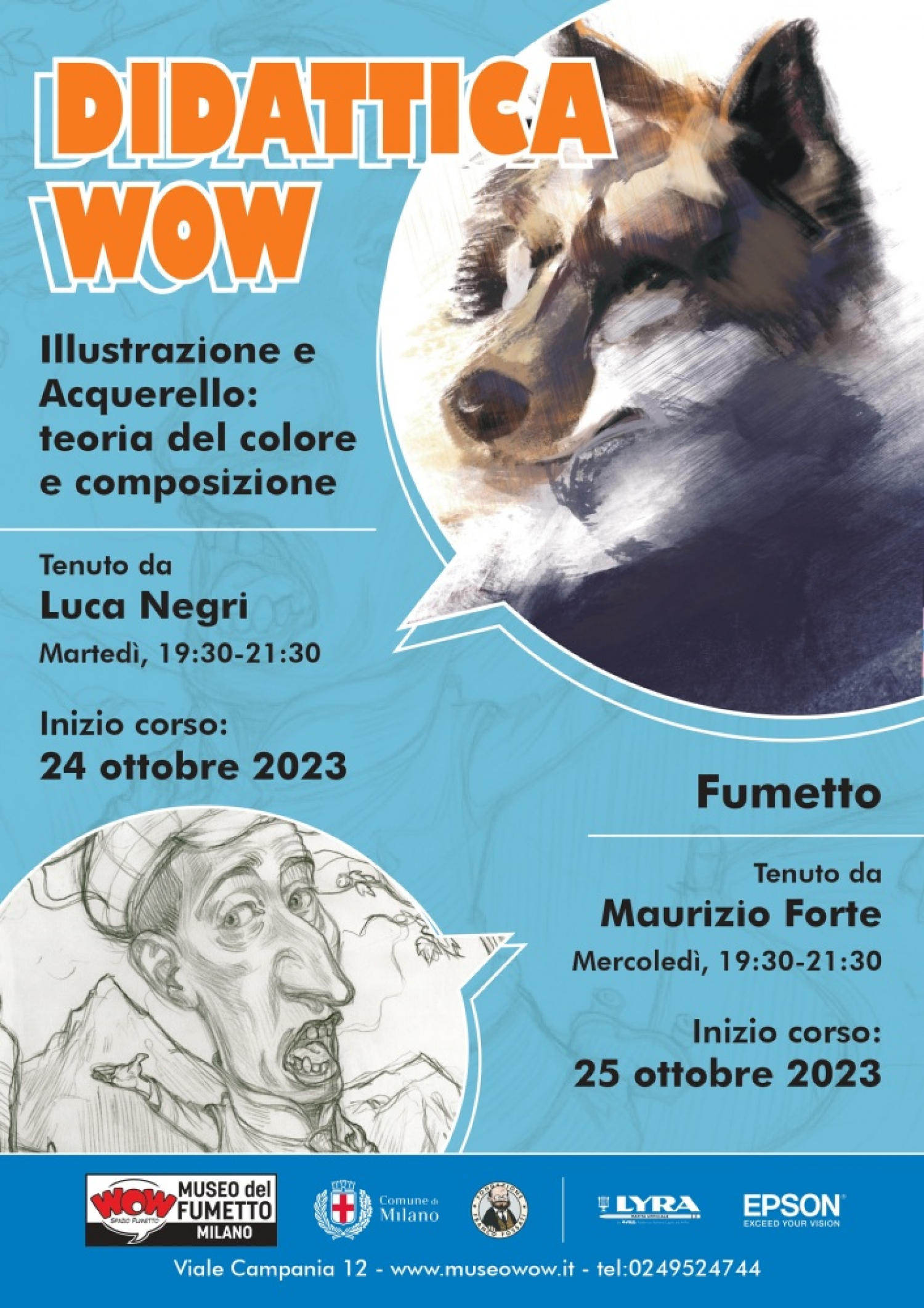 <p>Percorsi intensi che lasciano il tempo all&#39;approfondimento e alla sperimentazione, alla prova e alla verifica, per tutti coloro che vogliono imparare a raccontare attraverso l&rsquo;arte del disegno e del fumetto: tornano i corsi per adulti del museo del fumetto!</p><p>&nbsp;</p><p><strong>Illustrazione e Acquerello: teoria del Colore e composizione</strong><strong>&nbsp;- Inizio: m</strong><strong>arted&igrave; 21 novembre 2023</strong></p><p>Un corso destinato a giovani e adulti, il cui obiettivo &egrave; fornire le basi sui fondamentali della composizione e del colore al fine di acquisire un metodo artistico di lavorazione oltre che gli strumenti fondamentali per la narrazione e lo storytelling. Tramite la tecnica tradizionale dell&rsquo;acquerello, le lezioni affronteranno l&rsquo;utilizzo della composizione funzionale e il colore espressivo, strumenti fondamentali attraverso cui ottenere un&rsquo;illustrazione comunicativa e allo stesso tempo accattivante dal punto di vista grafico.</p><p><strong>Docente del corso:&nbsp;</strong><strong>Luca Negri.</strong></p><p><strong><strong>Giorno e orario:</strong>&nbsp;</strong>Marted&igrave; 19:30-21:30<br /><strong>Costo:&nbsp;</strong>300&euro; per modulo da 10 lezioni (20 ore); 600&euro; per modulo da 20 lezioni (40 ore totali). La quota relativa a un corso di 20 lezioni pu&ograve; essere pagata interamente in anticipo, usufruendo di uno sconto di 50&euro;, per un totale di 550&euro;.</p><p>&nbsp;</p><p><strong><strong>Fumetto - Inizio: mercoled&igrave; 25 ottobre 2023</strong></strong></p><p>Un corso per accostarsi al linguaggio del fumetto attraverso lo studio dei personaggi e delle ambientazioni, per imparare a creare storie di immagini e parole, e a impostare correttamente la regia della tavola. Con l&rsquo;uso appropriato delle sequenze e delle inquadrature, dopo aver acquisito le tecniche di scrittura del testo e dell&rsquo;utilizzo di balloons e didascalie, si dar&agrave; vita al proprio racconto a fumetti.</p><p><strong>Docente del corso: Maurizio Forte</strong>&nbsp;(Milano, 1956) lavora come fumettista dagli anni Settanta, passando da fumetti horror a storici personaggi come Tiramolla, disneyani (Cip e Ciop, TaleSpin) e della Warner Bros (Willy il Coyote, Duffy Duck e i Tiny Toons). Inizia la sua carriera di docente nel 2006 presso l&rsquo;International College of Art and Sciences e alla Mimesis Accademy, insegnando Visual. Attualmente collabora come insegnante di corsi e attivit&agrave; didattiche a WOW Spazio Fumetto.</p><p><strong><strong>Durata:&nbsp;</strong></strong>Modulo da 40&nbsp;ore (20&nbsp;lezioni)<br /><strong><strong>Giorno e orario:</strong>&nbsp;</strong>mercoled&igrave; 19:30-21:30<br /><strong>Costo:&nbsp;</strong>500&euro;&nbsp;(materiale incluso)</p><p>&nbsp;</p><p><strong>La Palestra del Fumetto - Inizio: 6 ottobre 2023</strong></p><p>Come in una Palestra ogni studente sar&agrave; accolto e accompagnato in un percorso formativo che si moduler&agrave; a seconda delle conoscenze di ognuno, con l&#39;obiettivo di portare, progressivamente, tutti al punto di conoscere tutto il processo produttivo per la realizzazione di un fumetto.&nbsp;Dal soggetto alla stesura di una storia, dallo storyboard alla composizione di una tavola, ed infine, dalla storia disegnata a mano alla realizzazione digitale.</p><p>Corso organizzato da&nbsp;<strong>Super - Scuola Superiore d&rsquo;Arte Applicata</strong>.&nbsp;Maggiori info&nbsp;<a target="_blank" href="https://scuolaarteapplicata.it/super/corsi/la-palestra-del-fumetto-serale">sul sito di Super</a>.</p><p><strong>Docenti&nbsp;del corso:&nbsp;</strong>A&nbsp;<strong>Fabio Folla</strong>&nbsp;si alterneranno le docenze di&nbsp;<strong>Silvio Boselli</strong>&nbsp;e di&nbsp;<strong>Caterina Giorgietti</strong>&nbsp;che avranno moduli da 5 ore (2 lezioni) in cui verranno approfonditi argomenti specifici.&nbsp;Durante il percorso formativo saranno chiamati come ospiti esterni alcuni importanti fumettisti.</p><p><strong>Durata:&nbsp;</strong>12 incontri di 2 ore e mezza<br /><strong>Giorno e orario:</strong><strong>&nbsp;</strong>Venerd&igrave; 19:30-22:00<br /><strong>Costo:&nbsp;</strong>310&euro;</p><p>&nbsp;</p>