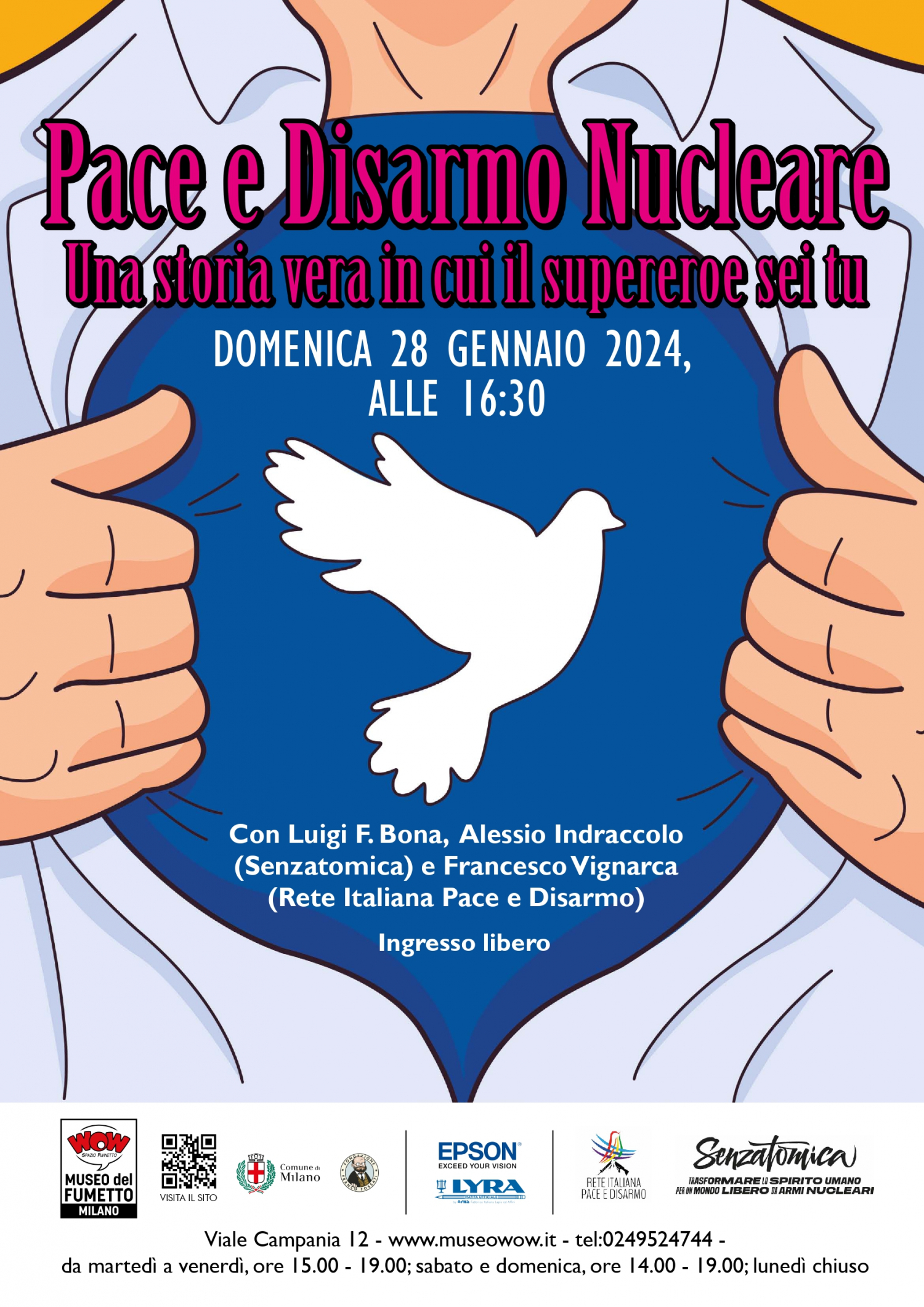 <p>In occasione della mostra <a target="_blank" href="http://www.museowow.it/mostre/La+bomba/794">La Bomba. L&#39;era atomica, fine del mondo e fascino pop</a>, WOW Spazio Fumetto ospita un evento sul disarmo nucleare, per lanciare un messaggio di speranza e una chiamata all&rsquo;azione per tutti.</p><p>Grazie all&rsquo;impegno di persone comuni&nbsp;negli anni sono stati raggiunti traguardi storici riguardo alla messa al bando delle armi nucleari. Tra questi troviamo l&rsquo;adozione, il 7 luglio 2017, di un accordo globale storico di messa al bando delle armi nucleari, conosciuto ufficialmente come Trattato sulla Proibizione delle Armi Nucleari (TPNW).&nbsp;Un risultato raggiunto dopo un decennio di azione da parte di ICAN, la Campagna Internazionale per l&rsquo;Abolizione delle Armi Nucleari, e dei suoi partner. Manca tuttavia ancora tanta strada da fare, e la campagna che porti a un&rsquo;adesione di pi&ugrave; Paesi &egrave; tuttora aperta.</p><p>Per parlare di questi argomenti dialogheranno con Luigi F. Bona, direttore del museo del fumetto, l&rsquo;attivista <strong>Francesco Vignarca</strong>&nbsp;di <strong>Rete Italiana Pace e Disarmo</strong>&nbsp;e <strong>Alessio Indraccolo</strong>&nbsp;della campagna <strong>Senzatomica</strong>.</p><p><em>L&rsquo;evento sar&agrave; accompagnato da immagini dell&#39;illustratore e vignettista&nbsp;Mauro Biani dedicate al tema del disarmo nucleare.</em><br />Appuntamento <strong>domenica 28 gennaio alle 16:30</strong>, ingresso libero.</p><p>&nbsp;</p><p>La <strong>Rete Italiana Pace e Disarmo</strong> nasce il 21 settembre 2020 dalla unificazione di due organismi storici del movimento pacifista e disarmista italiano: la Rete della Pace (fondata nel 2014) e la Rete Italiana Disarmo (fondata nel 2004). Entrambe le reti hanno potuto contare fin dalla loro fondazione sul sostegno di decine di associazioni, organizzazioni, sindacati, movimenti della societ&agrave; civile italiana.&nbsp;Lo scopo &egrave; quello di creare insieme la pace a partire dall&rsquo;unione delle nostre forze, degli obiettivi comuni, per rafforzare e far crescere il lavoro collettivo per la pace ed il disarmo.</p><p>&nbsp;</p><p><strong>Senzatomica</strong> &egrave;&nbsp;una campagna nata dai giovani per liberare il mondo dalle armi nucleari. Strumento principale della campagna &egrave; la mostra Senzatomica, trasformare lo spirito umano per un mondo libero da armi nucleari che ha gi&agrave; girato pi&ugrave; di 70 citt&agrave; italiane; visitata da oltre 365.000 persone &ndash; di cui pi&ugrave; del 40% studenti e studentesse delle scuole elementari, medie e superiori &nbsp;&ndash; &egrave; diventata uno dei principali movimenti per il disarmo nucleare in Italia. Partner di ICAN sin dalla sua fondazione, nel 2017 Senzatomica ha partecipato, tra i rappresentanti della societ&agrave; civile, ai negoziati per la stesura e l&rsquo;adozione del Trattato sulla proibizione delle armi nucleari (TPNW) approvato dall&rsquo;Assemblea Generale dell&rsquo;ONU il 7 luglio 2017.</p><p>&nbsp;</p>