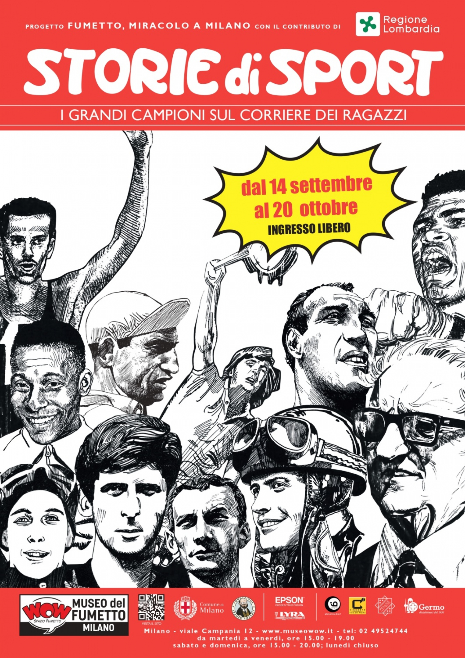 <p><strong>| Incontro inaugurale domenica 15 settembre alle ore 17:00 con Luigi F. Bona, direttore di WOW Spazio Fumetto, e Loris Cantarelli, direttore editoriale di Fumo di China. Ingresso libero |</strong></p><p>&nbsp;</p><p><strong>Il Corriere dei Ragazzi &egrave; stato&nbsp;una testata rivoluzionaria nell&rsquo;editoria a fumetti italiana</strong>, che si &egrave; approcciata ai lettori con un nuovo linguaggio, anticipando il giornalismo a fumetti. Tra i suoi filoni pi&ugrave; importanti, troviamo&nbsp;le <strong>biografie dei grandi campioni dello sport</strong>:&nbsp;alternando quelli del passato a nuove promesse ancora all&rsquo;inizio delle loro straordinarie carriere, in storie scritte e disegnate da grandi artisti del fumetto italiano.<br />La mostra <strong>Storie di Sport. I grandi campioni sul Corriere dei Ragazzi</strong> presenta le pi&ugrave; belle immagini tratte dalle storie a fumetti, accanto a riproduzioni di fotografie d&rsquo;epoca e testi biografici che raccontano le vite di questi campioni.&nbsp;In mostra saranno presenti le copertine sportive pi&ugrave; belle, grazie ai numeri originali del Corriere dei Ragazzi provenienti dall&rsquo;archivio della Fondazione Franco Fossati.</p><p><strong><em>Esposizione realizzata con il contributo di Regione Lombardia.</em></strong></p><p>&nbsp;</p><p>Nel gennaio 1972 nasce il&nbsp;&quot;<strong>Corriere dei Ragazzi</strong>&quot;, rivista nata con l&#39;idea di rinnovare il &quot;Corriere dei Piccoli&quot;. La rivoluzione del settimanale si basa sull&#39;idea che ai ragazzi si possa parlare di qualsiasi cosa, a patto di farlo con il linguaggio adeguato. &Egrave; cos&igrave; che a fianco dei grandi eroi dell&#39;Avventura e dei personaggi comici ereditati dal Corrierino irrompono nuove serie che raccontano fatti di cronaca o storici con taglio giornalistico, che affiancano rubriche e articoli scritti per portare gradualmente i giovani lettori verso l&rsquo;et&agrave; adulta. Il &quot;Corriere dei Piccoli&quot; rimane inizialmente come inserto, ma dopo qualche mese ritorna a essere una testata autonoma. La testata &quot;Corriere dei Ragazzi&quot; prosegue fino al 1976, per poi diventare &quot;Corrier Boy&quot; e, nel 1979, &quot;Corrier Boy Music&quot;, fino alla chiusura nel 1984.<br />Molte storie a fumetti pubblicate regolarmente sul settimanale, anticipano senza clamore quel genere che, pi&ugrave; di vent&#39;anni dopo, &egrave; stato chiamato <em>comics (o graphic) journalism</em>, giornalismo a fumetti. Un filone particolare e presente con costanza nei primi anni della nuova pubblicazione &egrave; quello costituito dalle <strong>biografie dei grandi sportivi</strong>.<br />Gi&agrave; nel primo numero &egrave; presente una storia di questo ciclo, che prosegue fino al 1974 grazie a maestri come <strong>Sergio Toppi, Attilio Micheluzzi, Giancarlo Alessandrini, Mario Uggeri, Ferdinando Tacconi e Aldo Di Gennaro</strong>.<br />I testi sono per la maggior parte firmati dal giornalista sportivo <strong>Franco Manocchia</strong>, ma ci sono anche storie scritte da <strong>Roberto Renzi, Pier Carpi e Alfredo Castelli</strong>.</p><p>Lo sport non conosce barriere di luogo o di tempo e le storie alternano con attenzione i campioni del passato a quelli contemporanei alla pubblicazione, a volte quasi &ldquo;scommettendo&rdquo; su sportivi ancora agli inizi della carriera, ma che dimostreranno doti straordinarie o che proseguiranno negli anni successivi la loro storia di trionfi. Le storie rievocano le vite degli sportivi, spesso focalizzandosi su un episodio cardinale delle loro vite, dall&rsquo;ultima gara del pilota Juan Manuel Fangio all&rsquo;infortunio di Gigi Riva.</p><p>L&rsquo;attenzione che il &quot;Corriere dei Ragazzi&quot; riservava allo sport non si esauriva solo nelle storie a fumetti, ma anche in apposite <strong>rubriche</strong> e soprattutto nelle <strong>copertine</strong>, che tra il 1972 e il 1973 sono firmate da <strong>Franco Bruna</strong>, uno dei maestri italiani della caricatura, e che spesso ritraggono campioni sportivi, dal ciclista Eddy Merckx al cestista Dino Meneghin.</p><p>&nbsp;</p><p>In mostra, ad ogni sportivo &egrave; dedicato un pannello che presenta le pi&ugrave; belle immagini tratte dalle storie a fumetti, accanto a riproduzioni di fotografie d&rsquo;epoca e testi biografici che raccontano le vite di questi campioni. Saranno inoltre presenti le copertine sportive pi&ugrave; belle, grazie ai numeri originali del Corriere dei Ragazzi provenienti dall&rsquo;archivio della Fondazione Franco Fossati.</p><p><br />&nbsp;</p>