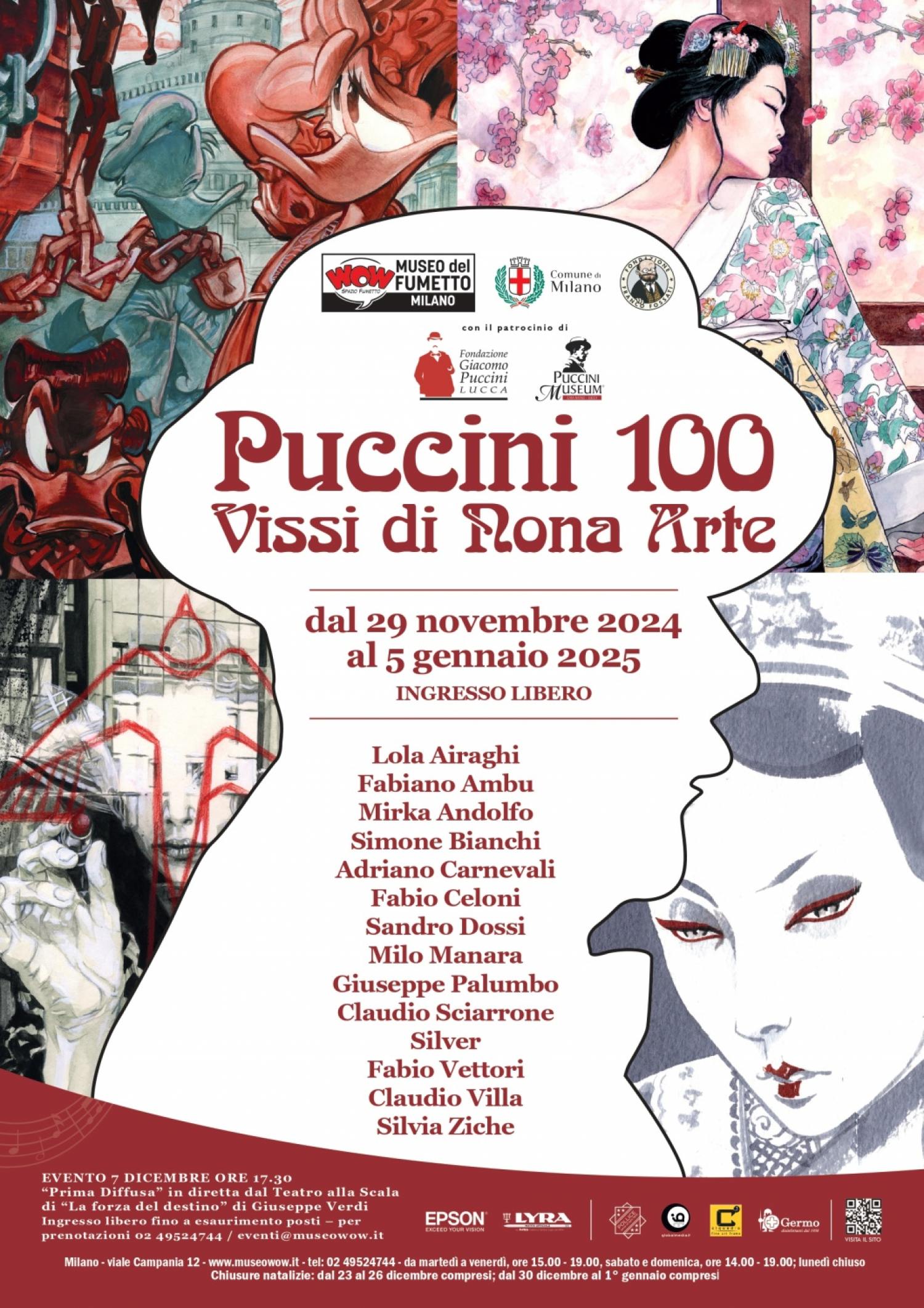 <p>Il 29 novembre 1924, esattamente 100 anni fa, moriva Giacomo Puccini, compositore italiano tra i pi&ugrave; amati al mondo che ci ha lasciato capolavori come <em>Madama Butterfly</em>, <em>La Boh&egrave;me</em>, <em>Tosca</em>, <em>Turandot</em>, <em>La fanciulla del West</em>&nbsp;e tante altre.</p><p>Al suo genio, in questa importante ricorrenza che viene celebrata in tutto il mondo, nel giorno preciso in cui ricorre il centenario della sua morte, <strong>WOW Spazio Fumetto </strong>dedica una mostra a ingresso libero che espone gli omaggi di alcuni dei pi&ugrave; importanti autori del fumetto italiano realizzati appositamente su commissione del museo stesso: <strong>Milo Manara, Silver, Silvia Ziche, Giuseppe Palumbo, Claudio Villa, Simone Bianchi, Mirka Andolfo, Lola Airaghi, Fabio Celoni, Claudio Sciarrone, Fabiano Ambu, Adriano Carnevali e Sandro Dossi.</strong> Grazie alla collaborazione di Panini e Giunti saranno esposte in mostra anche le due bellissime copertine dedicate a Puccini del <strong>numero speciale di Topolino</strong>, con la cover disegnata da Paolo Mottura, e del volume <strong>Paper Puccini</strong> disegnata da Michela Frare (Giunti). In pi&ugrave; saranno esposte in anteprima alcune pagine della bellissima biografia di Giacomo Puccini illustrata dalle celebri &ldquo;formichine&rdquo; di <strong>Fabio Vettori</strong>.</p><p>Inoltre il 29 novembre, in occasione dell&rsquo;evento di apertura della mostra, verr&agrave; presentato il graphic novel <em>Vissi d&rsquo;arte. Vita e opere di Giacomo Puccini</em>&nbsp;di Roberto Iovino, Nicole Olivieri, Francesca Oranges, disegni di Sara Casciaro (Libreria Italiana Musicale).</p><p>&nbsp;</p><p>La mostra, a cura di Enrico Ercole, vanta il patrocinio della <strong>Fondazione Giacomo Puccini</strong> e si inserisce nell&rsquo;ambito delle iniziative di <strong>Prima Diffusa</strong>&nbsp;organizzata dal Comune di Milano: come da tradizione il <strong>7 dicembre</strong>, Sant&rsquo;Ambrogio, <strong>il museo ospiter&agrave; la diretta dal Teatro alla Scala</strong> della serata inaugurale della Stagione Lirica.</p><p>&nbsp;</p>