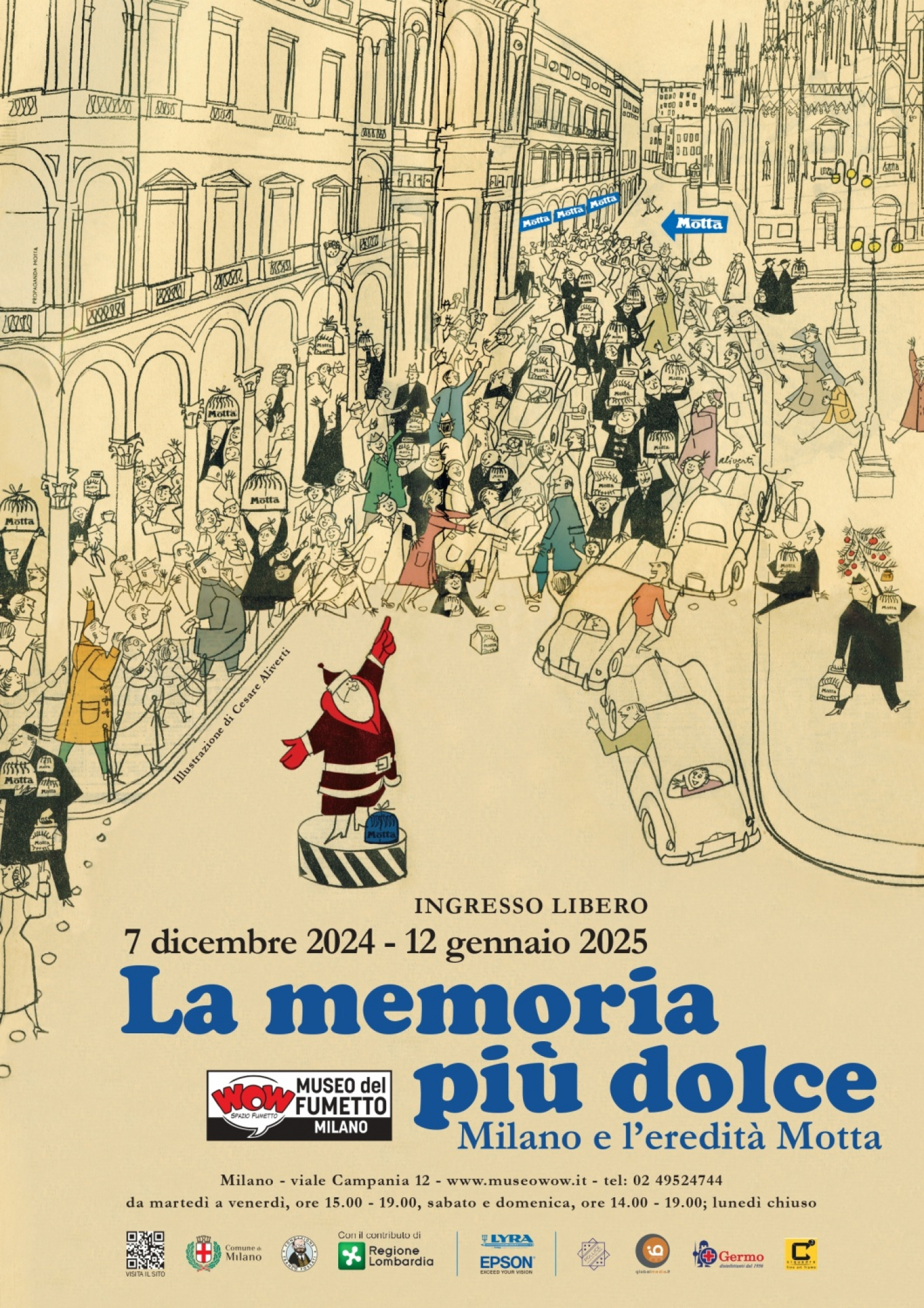 <p>La mostra omaggia la <strong>comunicazione (illustrazioni, pubblicazioni, opuscoli, pubblicit&agrave; e curiosit&agrave;)</strong> di uno dei pi&ugrave; importanti marchi italiani di prodotti dolciari, Motta, con una storia imprenditoriale iniziata nel 1919 e arrivata fino a oggi.</p><p><strong>Nel 1960&nbsp;l&rsquo;azienda espande lo stabilimento gi&agrave; presente in viale Corsica rilevando il Deposito Tranviario Vittoria di ATM</strong>, costruito nel 1926, <strong>dove oggi si trova WOW Spazio Fumetto</strong>. Il legame tra Motta e WOW passa quindi dall&rsquo;edificio che ospita il Museo: per questo, si &egrave; deciso di ricordare questo periodo con un&rsquo;esposizione che permette&nbsp;di ripercorrere un pezzo di storia del nostro Paese.</p><p>Tra gli oggetti in mostra,&nbsp;una tavola originale di Alarico Gattia tratta da uno dei volumi a fumetti curati da Enzo Biagi e dedicati alla storia del nostro Paese che riassume la vita di Angelo Motta, numeri della rivista <em>Allegria</em>, prodotta dalla stessa Motta e diretta da Enzo Biagi. Non mancano le pubblicit&agrave;, come quelle che comparivano sulle pagine del <em>Corriere dei Piccoli</em>. Proprio dalle pagine del <em>Corriere dei Piccoli</em> proviene poi uno degli autori pi&ugrave; rappresentativi del fumetto italiano, Antonio Rubino, che per Motta illustra cartoline e opuscoli dedicati alla crema ai marroni Marronita.</p><p>&nbsp;</p><p><em><strong>Esposizione realizzata con il contributo di Regione Lombardia.</strong></em></p><p><strong>&nbsp;</strong></p>