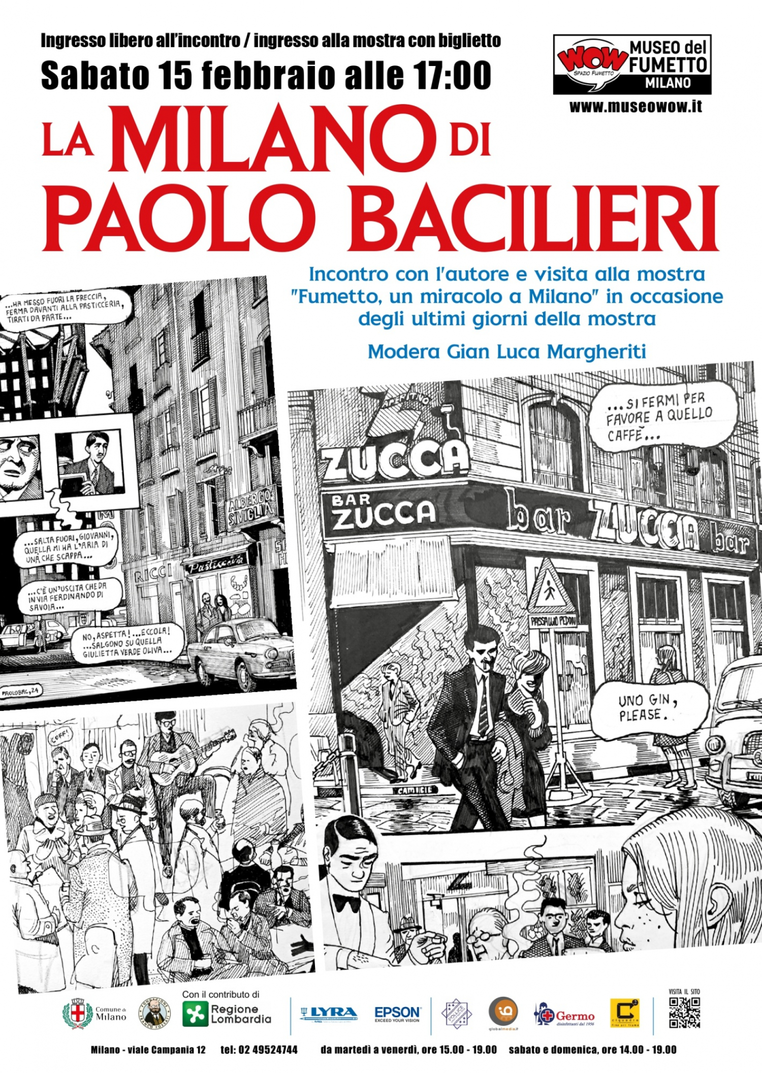 <p>Secondo <a target="_blank" href="https://www.lospaziobianco.it/paolo-bacilieri-ode-a-piero-manzoni-e-a-milano/">David Padovani</a> (&quot;Lo Spazio Bianco&quot;) &ldquo;<em><strong>Milano ha adottato Paolo Bacilieri.</strong> O forse &egrave; il fumettista di origine veronese ad avere scelto il capoluogo lombardo come sua citt&agrave; adottiva. Oppure, ancora meglio, questa scelta tra citt&agrave; e autore &egrave; stata reciproca.<br />Comunque sia la questione, in questi ultimi dieci anni della propria carriera, Bacilieri ha fatto di Milano un elemento fondante dei suoi fumetti, uno sfondo urbano importante quanto i personaggi protagonisti delle sue storie, reso su tavola con un&rsquo;attenzione al dettaglio tecnico e costruttivo quasi architettonica, come se dovesse illustrare tecnicamente il progetto costruttivo degli edifici rappresentati.</em>&rdquo;<br />Non &egrave; quindi un caso che una sezione della mostra <strong>Fumetto, un miracolo a Milano</strong> sia dedicata proprio alle <strong>tavole originali di Bacilieri</strong>, appartenenti ai lavori <em><strong>Piero Manzoni</strong>. BACGLSP (Basta a ciascun giorno la sua pena)</em> (2023), dedicato all&rsquo;artista; <em>Venere privata</em>&nbsp;(2023) e <em>Traditori di tutti</em>&nbsp;(2024), primi due romanzi di <strong>Giorgio Scerbanenco</strong> con protagonista Duca Lamberti.<br /><strong>In occasione dell&rsquo;ultimo weekend della mostra, sabato 15 febbraio Paolo Bacilieri sar&agrave; ospite di WOW Spazio Fumetto</strong> in un incontro dedicato al suo rapporto con la citt&agrave; meneghina. A dialogare con lui <strong>Gian Luca Margheriti</strong>, co-curatore dell&#39;esposizione. Al termine dell&rsquo;incontro, visiteremo la mostra in compagnia di Bacilieri e Margheriti.</p><p>&nbsp;</p><p><strong>Paolo Bacilieri</strong> nasce a Verona nel 1965. Frequenta l&rsquo;Accademia di Belle Arti di Bologna, dove si diploma nel 1990, per poi trasferirsi a Milano, dove attualmente vive. Ha pubblicato il suo primo fumetto nel 1980.&nbsp;<br />Tra le sue opere principali figurano <em>Le tresor des Imbalas</em>&nbsp;(Casterman 1988), <em>Barokko</em>&nbsp;(Casterman 1993, BlackVelvet 2004), <em>Durasagra-Venezia &uuml;ber alles</em>&nbsp;(R&amp;R 1994, BlackVelvet 2006), <em>Phonx</em>&nbsp;(Blue, Coniglio Editore, 1995), <em>The SuperMaso attitude</em>&nbsp;(Phoenix, 1996), <em>Zeno Porno</em>&nbsp;(Kappa Edizioni, 2005), <em>La magnifica desolazione</em>&nbsp;(Kappa Edizioni, 2007), <em>Canzoni in A4</em>&nbsp;(Kappa Edizioni, 2008), <em>Napoleone</em>&nbsp;(Rizzoli, Lizard, 2010), <em>Phonx</em>&nbsp;(BlackVelvet 2011), <em>Adios muchachos</em>&nbsp;(Casterman 2011, Rizzoli Lizard 2012, Verlag Schreiber&amp;Leser 2012, Norma 2012), <em>Sweet Salgari</em>&nbsp;(Coconino Fandango 2012, Delcourt 2013). <em>FUN</em>&nbsp;(Coconino Fandango 2014, SelfMadeHero 2017), <em>more FUN</em>&nbsp;(Coconino Fandango2016), <em>Palla</em>&nbsp;(Hollow Press 2016), <em>Tramezzino</em>&nbsp;(Canicola, 2018), <em>Ettore&amp;Fernanda</em>&nbsp;(Coconino, 2019).<br />Dal 1998 scrive e disegna fumetti per la Sergio Bonelli Editore, dove ha collaborato alle serie Napoleone, Jan Dix, Dampyr, Le Storie, DylanDog. Tra i premi vinti figurano il Premio Albertarelli (ANAFI 1986), il Premio Yellow Kid (Roma 2003), il Gran Guinigi (Lucca Comics 2006), il Premio Boscarato miglior libro italiano 2012 (TrevisoComics), il Premio U Giancu 2012, il Premio Micheluzzi (miglior disegnatore 2015, 2018), il Gran Guinigi Miglior Storia Breve (Lucca 2017). Dal 2014 &egrave; docente presso la Scuola Internazionale di Comics.</p><p>&nbsp;</p><p><strong>Gian Luca Margheriti</strong> nasce&nbsp;a Milano nel 1976. Haurato per anni, con Francesca Belotti, la rubrica <em>Milano segreta</em>&nbsp;sulle pagine&nbsp;de &quot;Il Corriere della Sera&quot;. Grande esperto di Milano e della sua storia, ha pubblicato, tra gli altri, <em>1001 cose da&nbsp;vedere a Milano almeno una volta nella vita</em>, <em>Le incredibili curiosit&agrave; di Milano</em>, <em>Milano dei Visconti e degli Sforza</em> e <em>I&nbsp;personaggi pi&ugrave; misteriosi della storia</em>, tutti editi da Newton Compton. &Egrave; autore anche di <em>Lettere dall&rsquo;Inferno.&nbsp;La&nbsp;storia di Jack lo Squartatore</em>, pubblicato da Il Melangolo. Nel 2022 con l&rsquo;editore Excalibur ha pubblicato la&nbsp;sua prima graphic novel, <em>Sindrome 75</em>, scritta a quattro mani con Francesco G. Lugli e disegnata da&nbsp;Alberto Locatelli. Il suo sito internet &egrave; www.gianlucamargheriti.com.</p><p>&nbsp;</p>