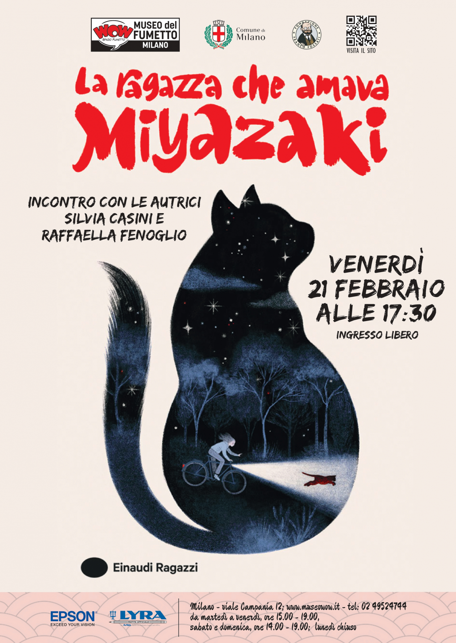 <p>Sofia ha diciotto anni e una passione sfrenata per il grande regista giapponese Hayao Miyazaki. Sogna di andare in Giappone per diventare una disegnatrice di manga, ma per il momento si accontenterebbe di scoprire chi sia Pagot, il misterioso writer che ha ricoperto i muri del piccolo borgo in cui vive con le immagini ispirate ai film del suo amato maestro. Tra disegni, fughe in bici e incontri sorprendenti, Sofia affronter&agrave; le proprie paure e i propri dubbi, imparando a credere in s&eacute; e nella forza del talento.</p><p>Scritta a sei mani da Silvia Casini, Raffaella Fenoglio e Francesco Pasqua, <em>La ragazza che amava Miyazaki</em> &egrave; una storia avvincente che celebra l&#39;importanza di seguire i propri sogni e il potere dell&rsquo;amore. Un <strong>libro illustrato</strong> di narrativa per bambini dai 12 anni, un inno alla creativit&agrave; e alla passione, illustrato magistralmente da Giulia Tomai, perfetto per chi ha un debole per il Giappone, i manga e i film d&#39;animazione di Miyazaki.</p><p><strong>Venerd&igrave; 21 febbraio alle ore 17:30</strong> presenteremo il libro&nbsp;<a target="_blank" href="https://www.edizioniel.com/prodotto/la-ragazza-che-amava-miyazaki-9788866568384/"><em><strong>La ragazza che amava Miyazaki</strong></em></a> (Einaudi Ragazzi) insieme alle autrici&nbsp;<strong>Silvia Casini</strong> e <strong>Raffaella Fenoglio</strong>. Ingresso libero.</p><p>&nbsp;</p><p><strong>Silvia Casini</strong>, romana, classe 1975, ha lavorato nel cinema come project manager e nel settore del product placement. Scrive per diversi siti web e testate giornalistiche.&nbsp;<br /><strong>Raffaella Fenoglio</strong>, nata a Sanremo nel 1966, è scrittrice per ragazzi, foodblogger, autrice di ricettari detox e di cinericettari.&nbsp;<br /><strong>Francesco Pasqua</strong> è nato a Siracusa nel 1973, è laureato in Discipline dello Spettacolo ed è scrittore e sceneggiatore.&nbsp;<br /><strong>Giulia Tomai</strong>, romana, classe 1990. Il suo lavoro &egrave; stato premiato dalla Society of Illustrators di New York, dall&#39;American Illustration e dalla China Shanghai Children&rsquo;s Book Fair. Nel 2023, i suoi lavori sono stati selezionati per la mostra Eccellenze italiane della nuova generazione alla Bologna Children&rsquo;s Book Fair.<br />&nbsp;</p>