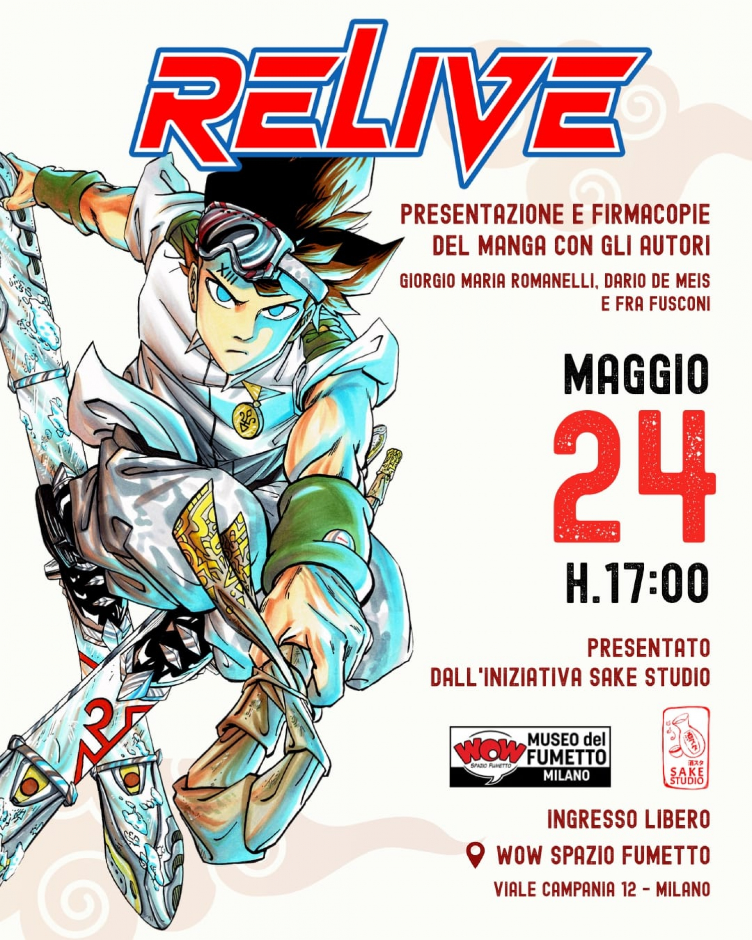 <p><strong><em>Relive</em></strong> (volume 1), manga italiano nato dall&#39;idea del fumettista <strong>Giorgio Maria Romanelli</strong>,&nbsp;racconta la storia di Niba, un giovane e&nbsp;incredibile sciatore che viene arruolato dall&#39;esercito dell&#39;imperatore per una missione segreta sul continente del ghiaccio eterno. Nonostante Niba sia affiancato da amici valorosi, l&#39;inaspettata comparsa di misteriosi avversari porter&agrave;&nbsp;il protagonista faccia a faccia con la sua pi&ugrave; grande paura...</p><p><br />Questa prima edizione del volume &egrave; supportata da <strong>Sake Studio</strong>, con <strong>Dario De Meis</strong> che ha contribuito alla sceneggiatura e <strong>Fra Fusconi</strong> assistente all&#39;inchiostrazione delle tavole.<br />Il volume consta di 210 pagine con sovraccoperta ed &egrave; impreziosito da pagine a colori e da una carrellata di illustrazioni extra.</p><p><strong>Presentazione sabato 24 maggio alle ore 17:00</strong> alla presenza degli autori Giorgio Maria Romanelli, Dario De Meis e Fra Fusconi.</p><p>&nbsp;</p>