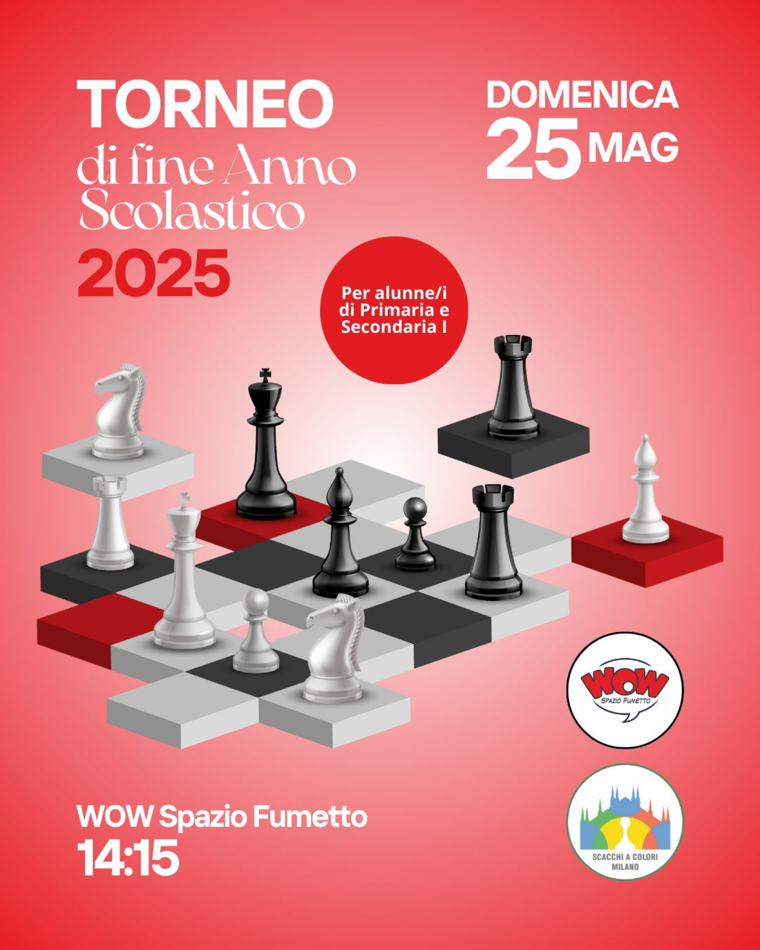 <p>In occasione della mostra <strong>La grande stanza dei giochi</strong>, l&#39;associazione <strong>Scacchi a Colori</strong> organizza per <strong>domenica 25 maggio</strong> a WOW Spazio Fumetto un <strong>torneo di fine anno scolastico</strong> per giovanissimi giocatori di scacchi!</p><p>Indirizzato ad alunni di primaria e secondaria, si strutturer&agrave; su cinque turni di gioco per tutti, con 12 minuti per giocatore. Sono previsti premi per i primi piazzamenti e per i migliori della primaria.</p><p>&nbsp;</p><p><a target="_blank" href="https://www.scacchiacolori.it/"><strong>Scacchi a Colori</strong></a> &egrave;&nbsp;un&rsquo;associazione sportiva dilettantistica dedita alla divulgazione del gioco degli scacchi, composta da professionisti e amatori motivati da profonda passione. Gli scacchi sono visti come un veicolo di aggregazione che riesce&nbsp;in maniera naturale ad appianare le differenze sociali e generazionali.</p><p>Nella didattica,&nbsp;la loro missione &egrave; anche valorizzare questo millenario gioco come strumento educativo, per stimolare la crescita della personalit&agrave; e delle abilit&agrave; cognitive e sociali.</p><p>&nbsp;</p>